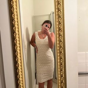 Oscar De La Renta Sleeveless White Ribbon and Leather Knee Length Dress (R11)